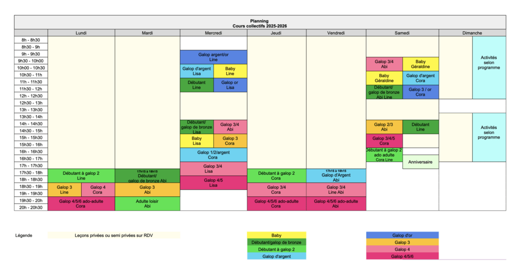 planning cours d'équitation